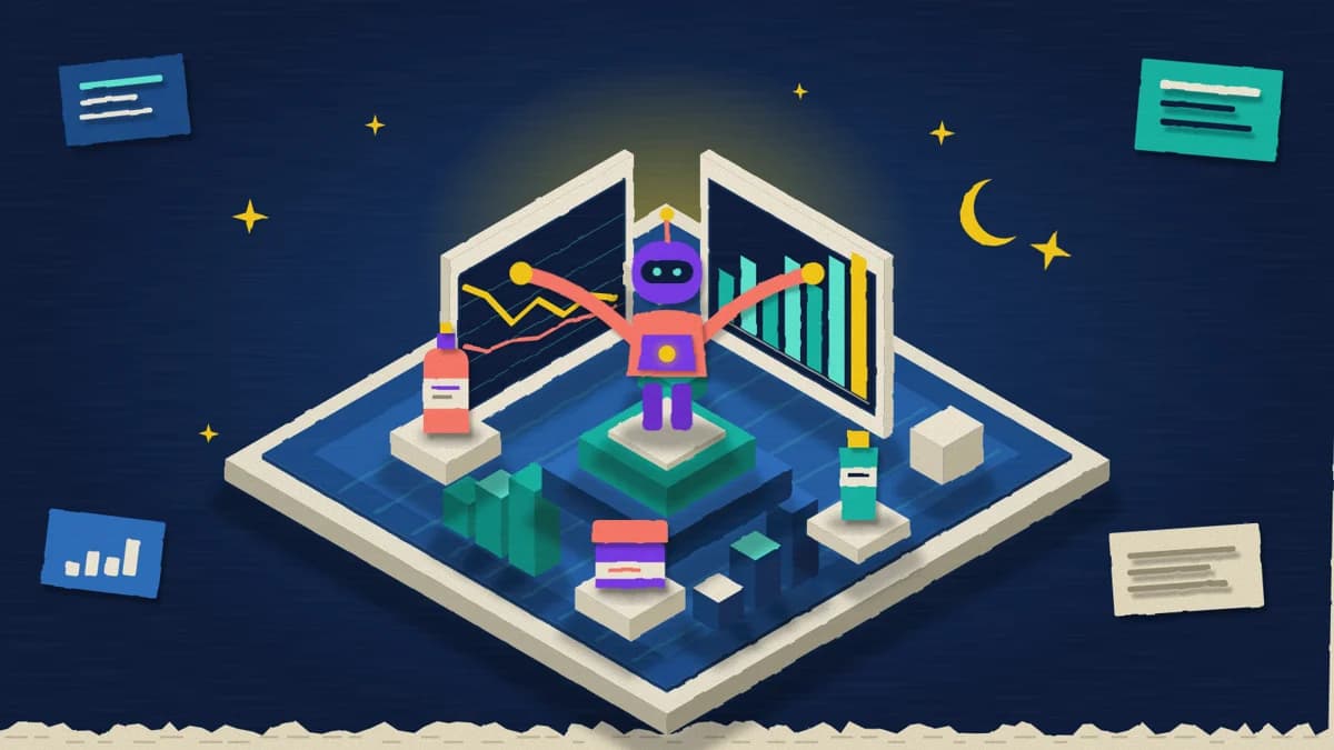 Purla, l'agente IA di Purples.ai, al centro di una dashboard isometrica in carta ritagliata, con grafici e prodotti di bellezza stilizzati.