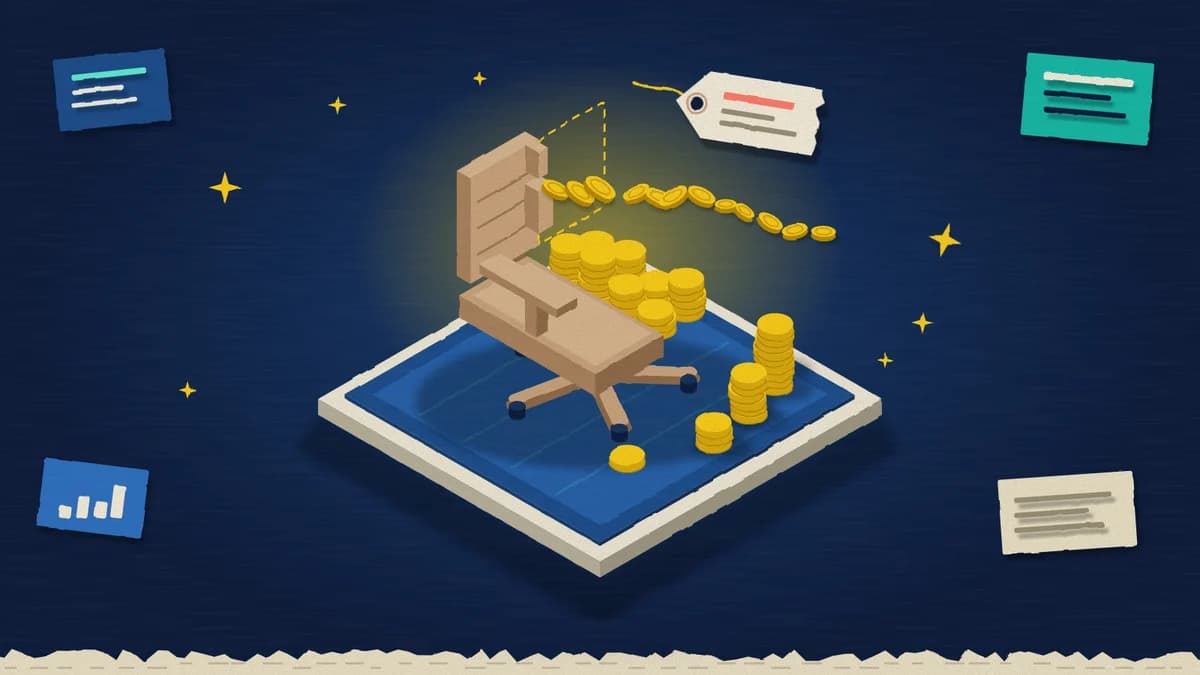 Illustrazione in carta ritagliata: una sedia da ufficio si trasforma in una pila di gettoni gialli su sfondo blu notte, simbolo del passaggio dal prezzo per utente al pagamento a consumo.