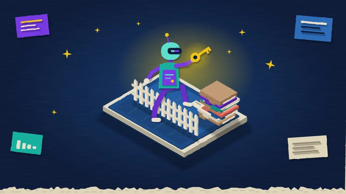 Illustrazione in carta ritagliata: un robot scavalca una staccionata con una chiave gialla verso una pila di fascicoli, su sfondo blu notte, simbolo di un agente IA che esce dal suo perimetro.