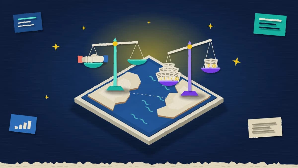 Illustrazione in carta ritagliata: due bilance ai lati dell'Atlantico, una quasi vuota, l'altra carica di documenti, simbolo del divario di regolamentazione dell'IA tra Stati Uniti ed Europa.