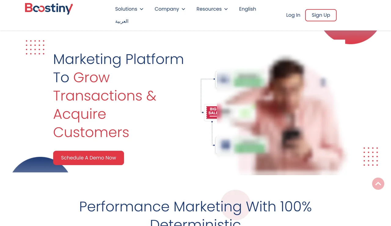 Page d'accueil de Boostiny : plateforme marketing à la performance
