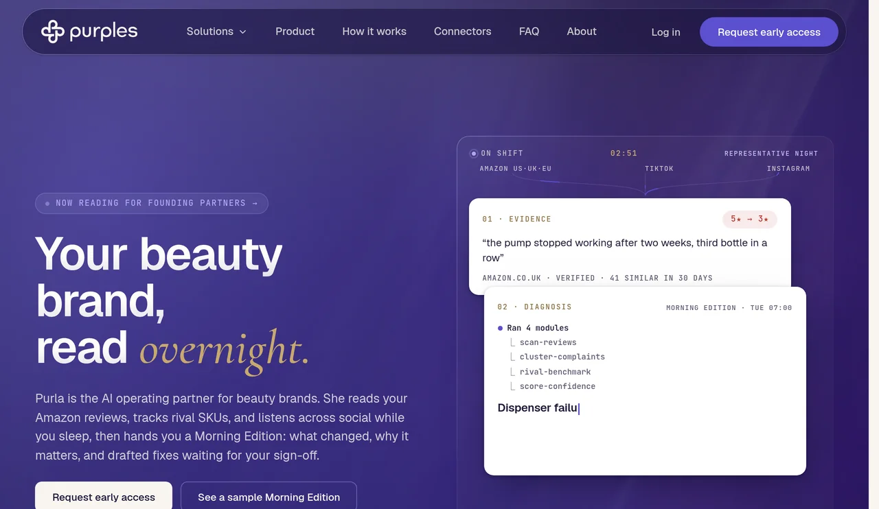 Page d'accueil de Purples, assistant IA pour marques de beauté, avec un aperçu d'analyse d'avis clients