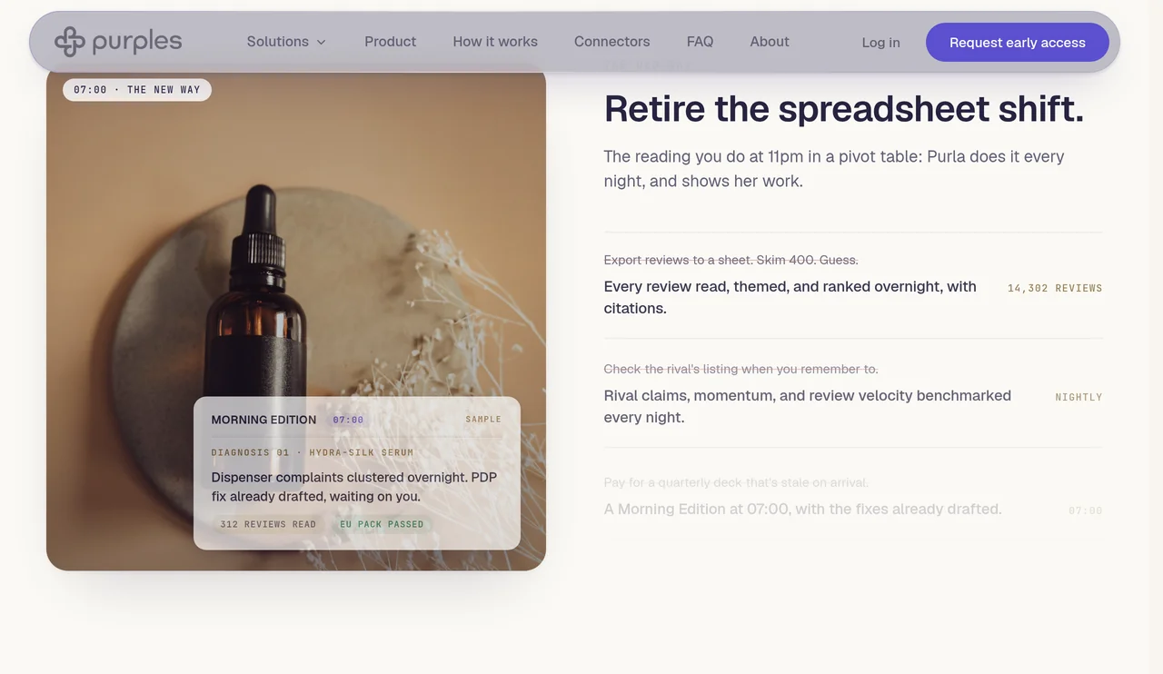 Capture d'écran d'une page produit Purples, avec un flacon sur un plateau