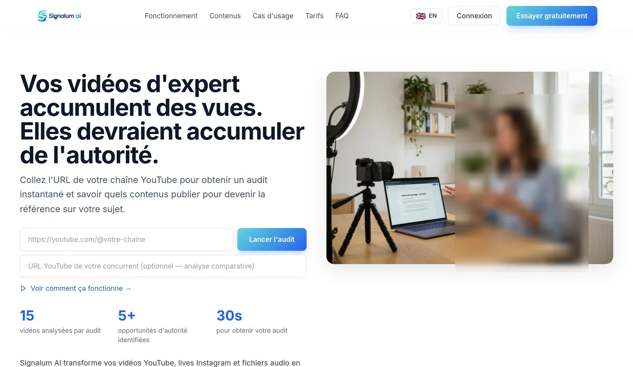 Page d'accueil de Signalum AI : audit d'une chaîne vidéo