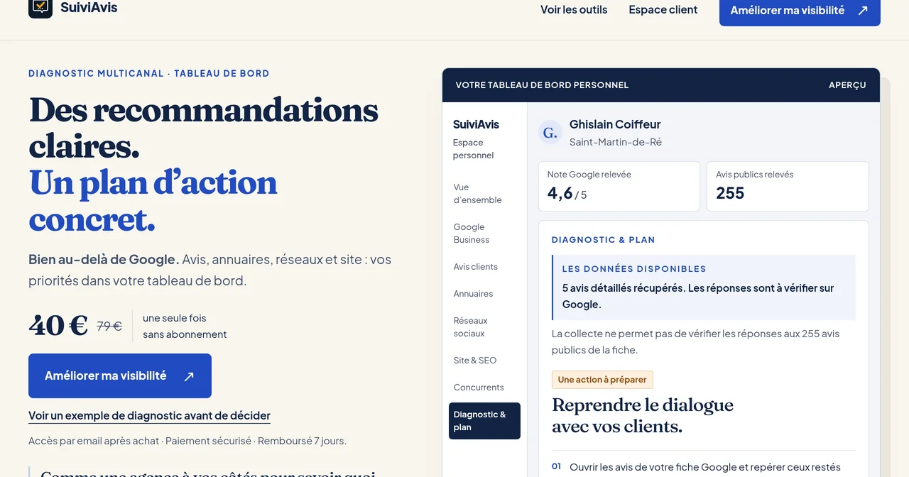 Page d'accueil de SuiviAvis : plan d'action concret et aperçu du tableau de bord d'un commerce de démonstration