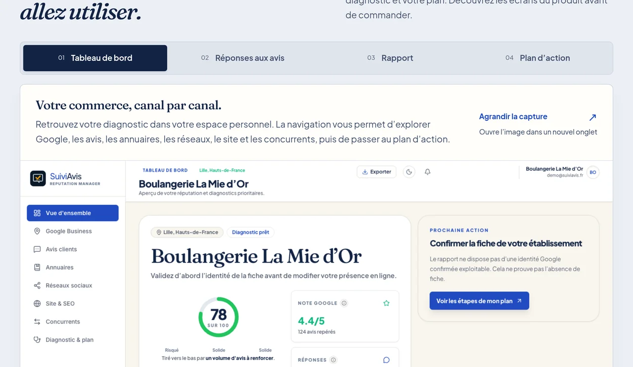 SuiviAvis : présentation de l'espace client par onglets, avec le tableau de bord d'un commerce de démonstration
